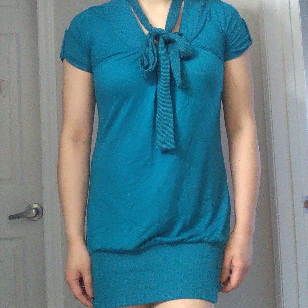 Peacock Blue Tunic with Neck Tie Button Detail on